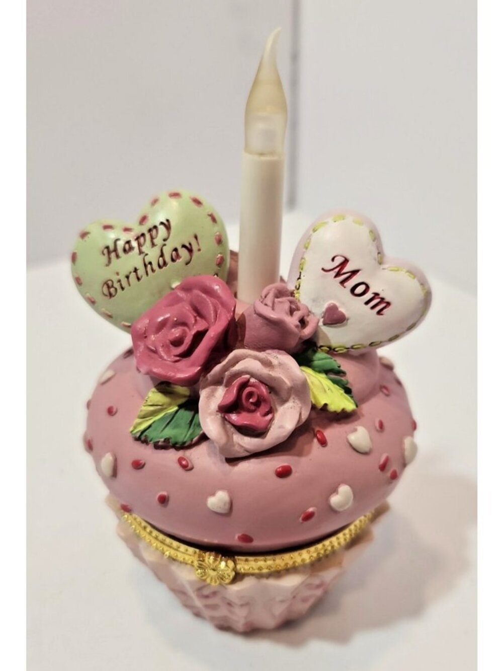 Vtg Mom Birthday Roses Cupcake Resin Pink Candle Light Up Trinket Box